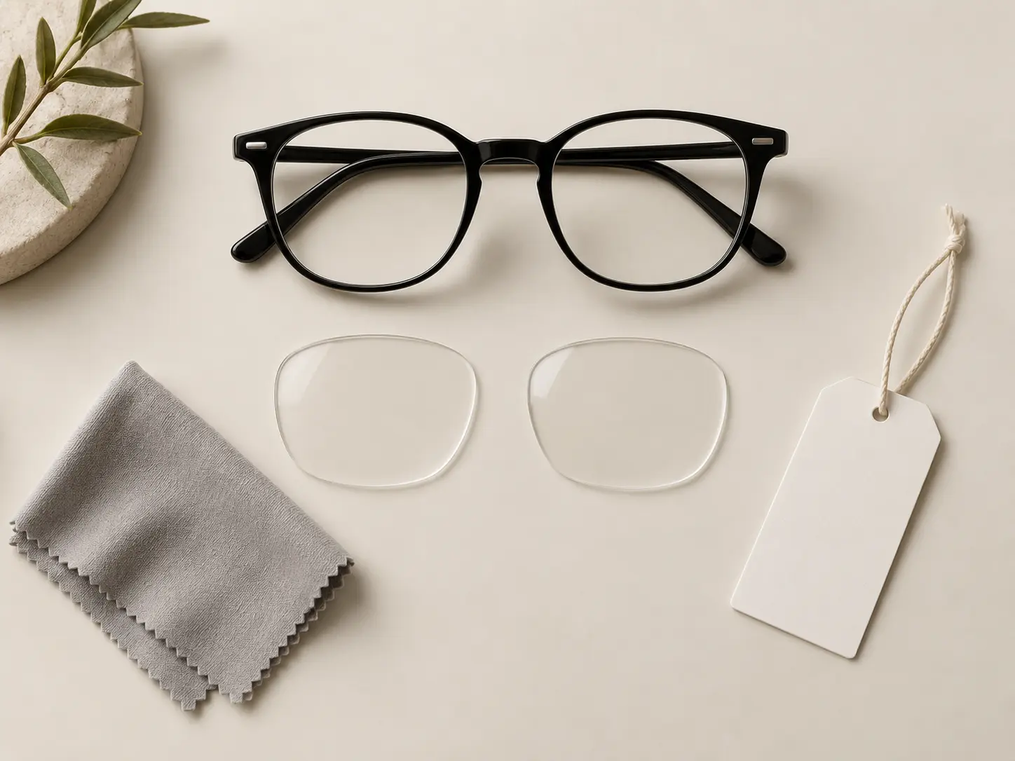 Glasses frame, lenses and cleaning cloth on a light background