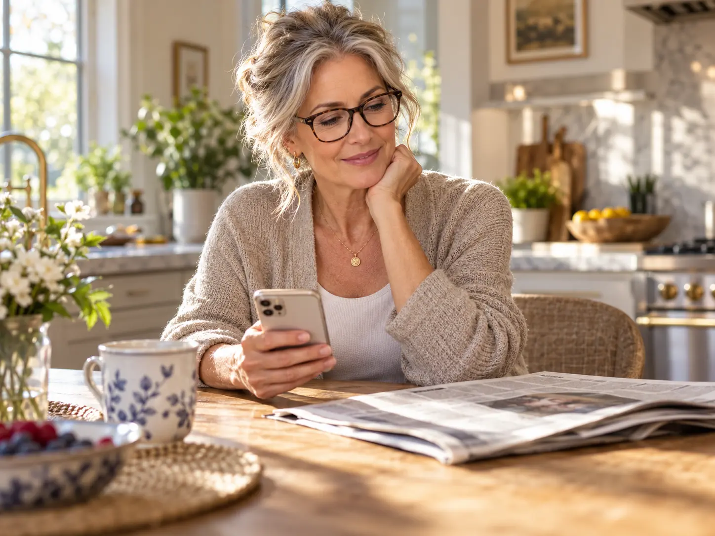 Woman wearing varifocals at the kitchen table