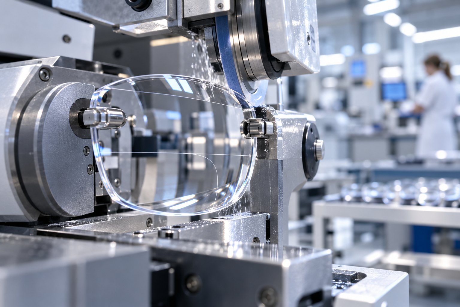 Lens being edged to shape in our own production