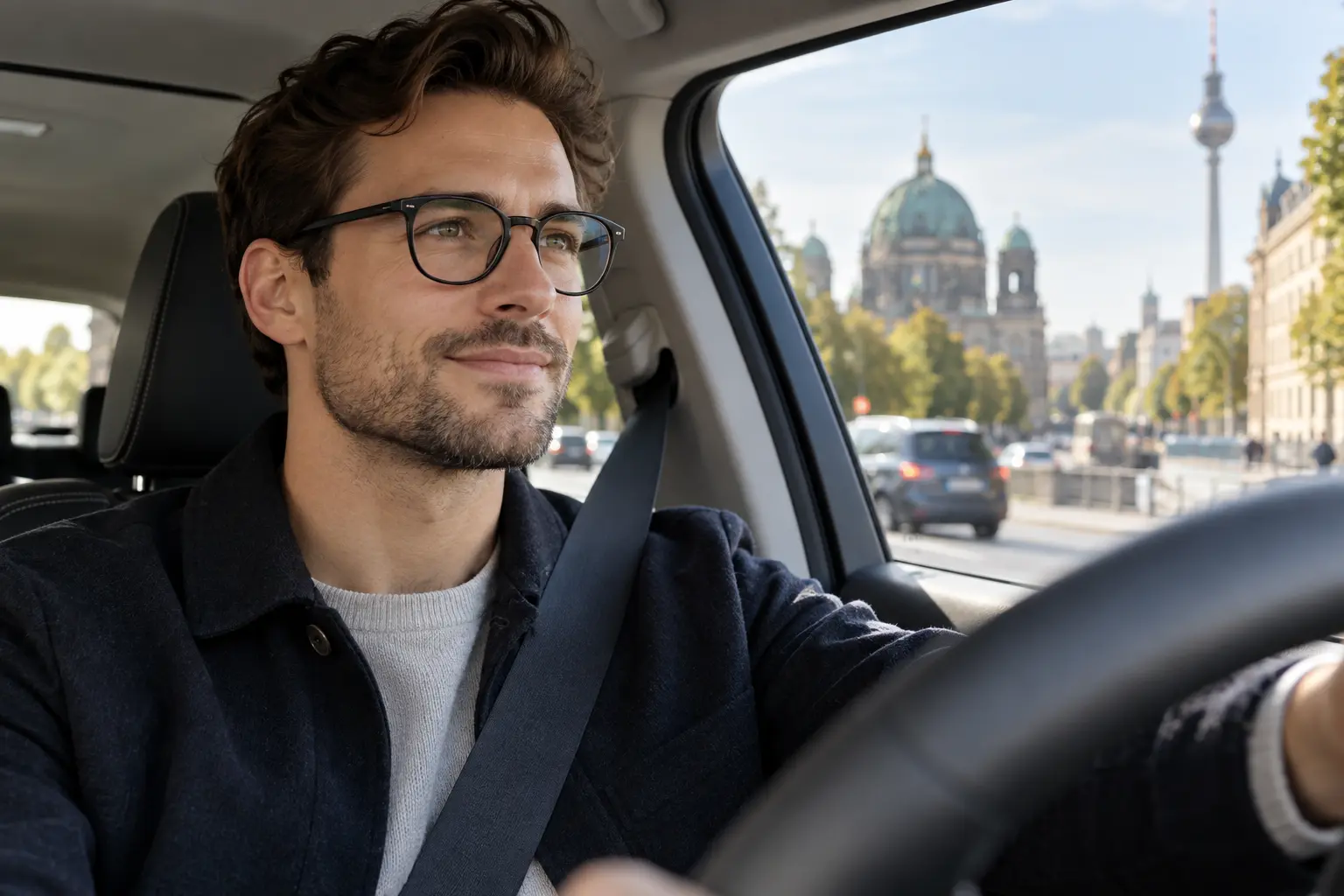 Man wearing single vision glasses while driving