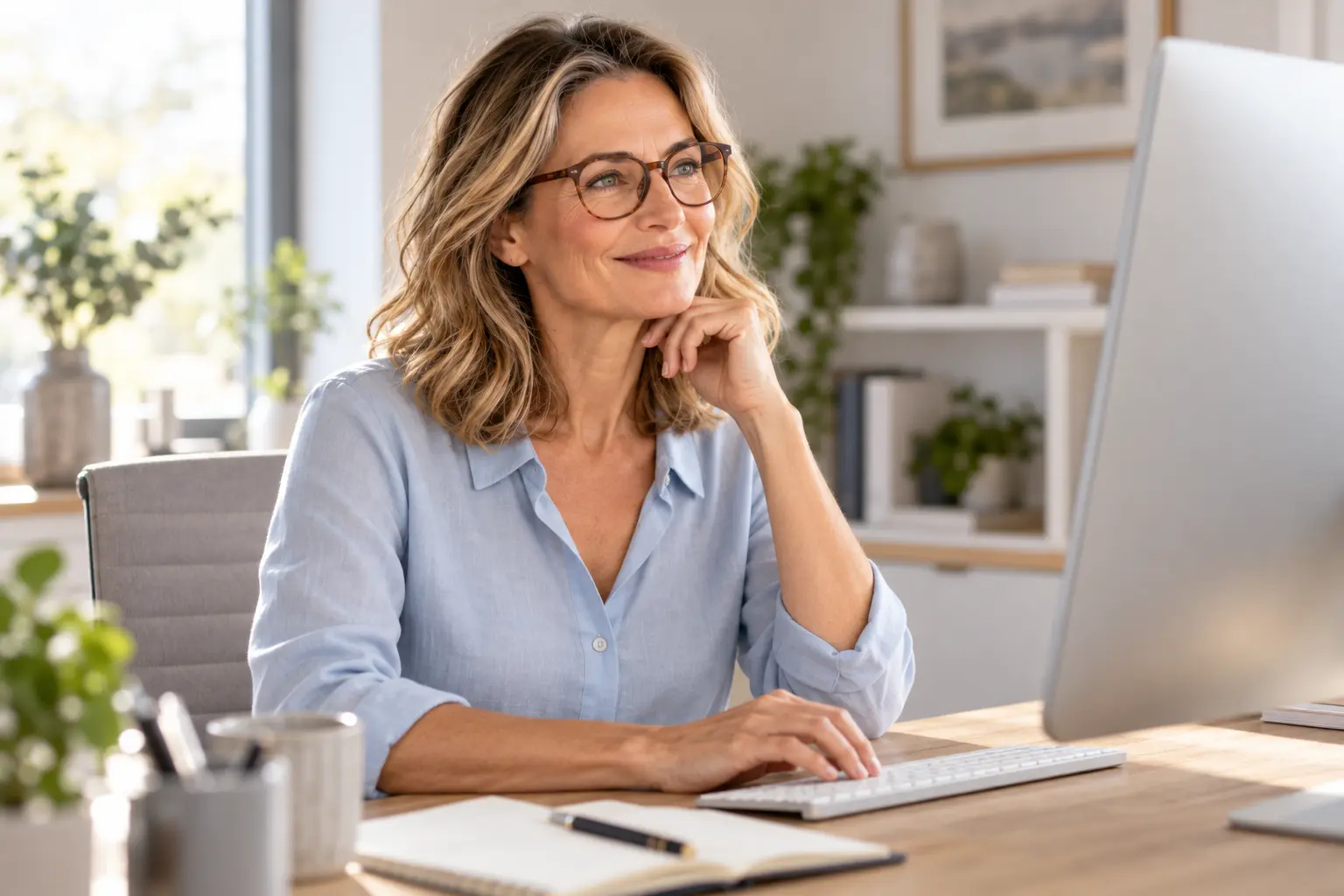 Woman wearing office glasses at a screen