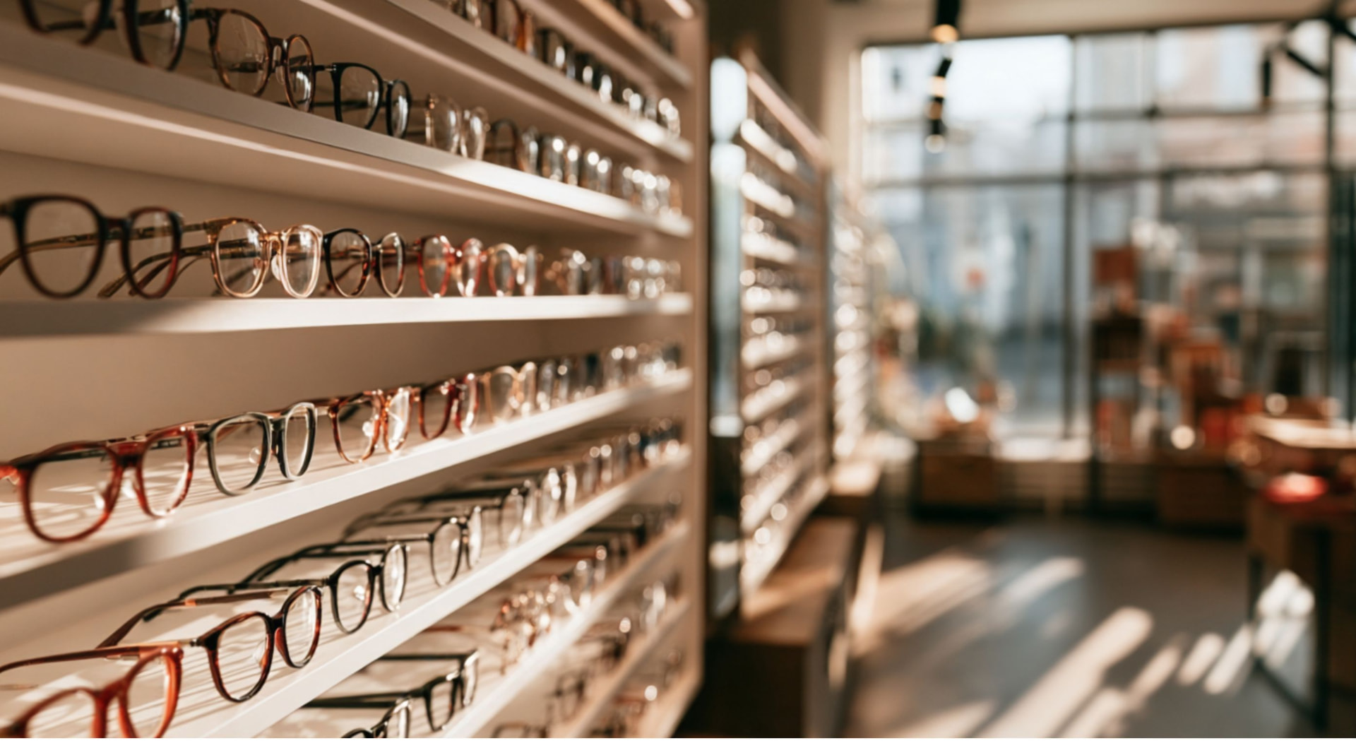 Wall of frames in a partner optician's practice