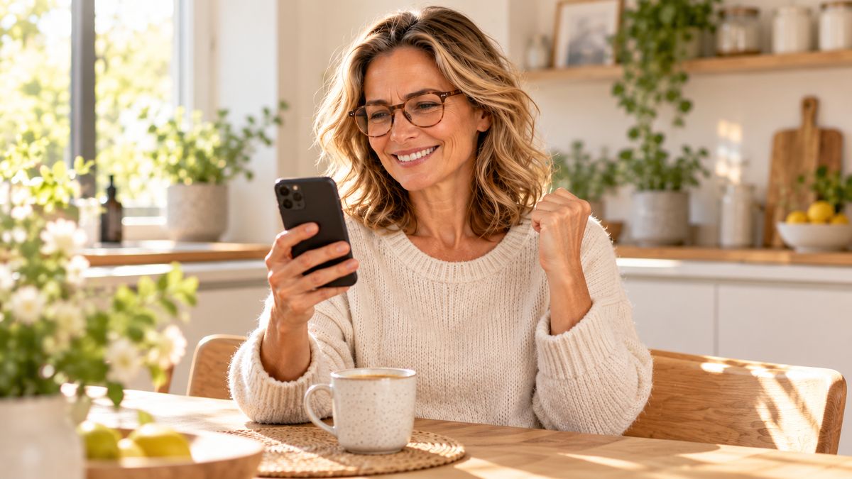 Woman pleased to receive her voucher by e-mail