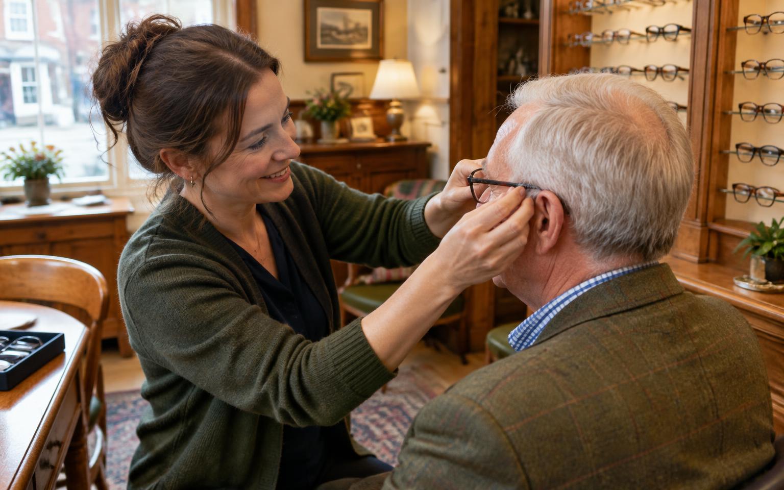 An independent optician adjusting glasses on an older customer