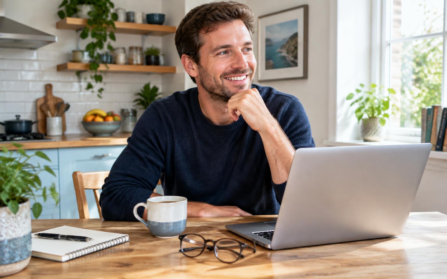 A man at his kitchen table with a laptop and new glasses