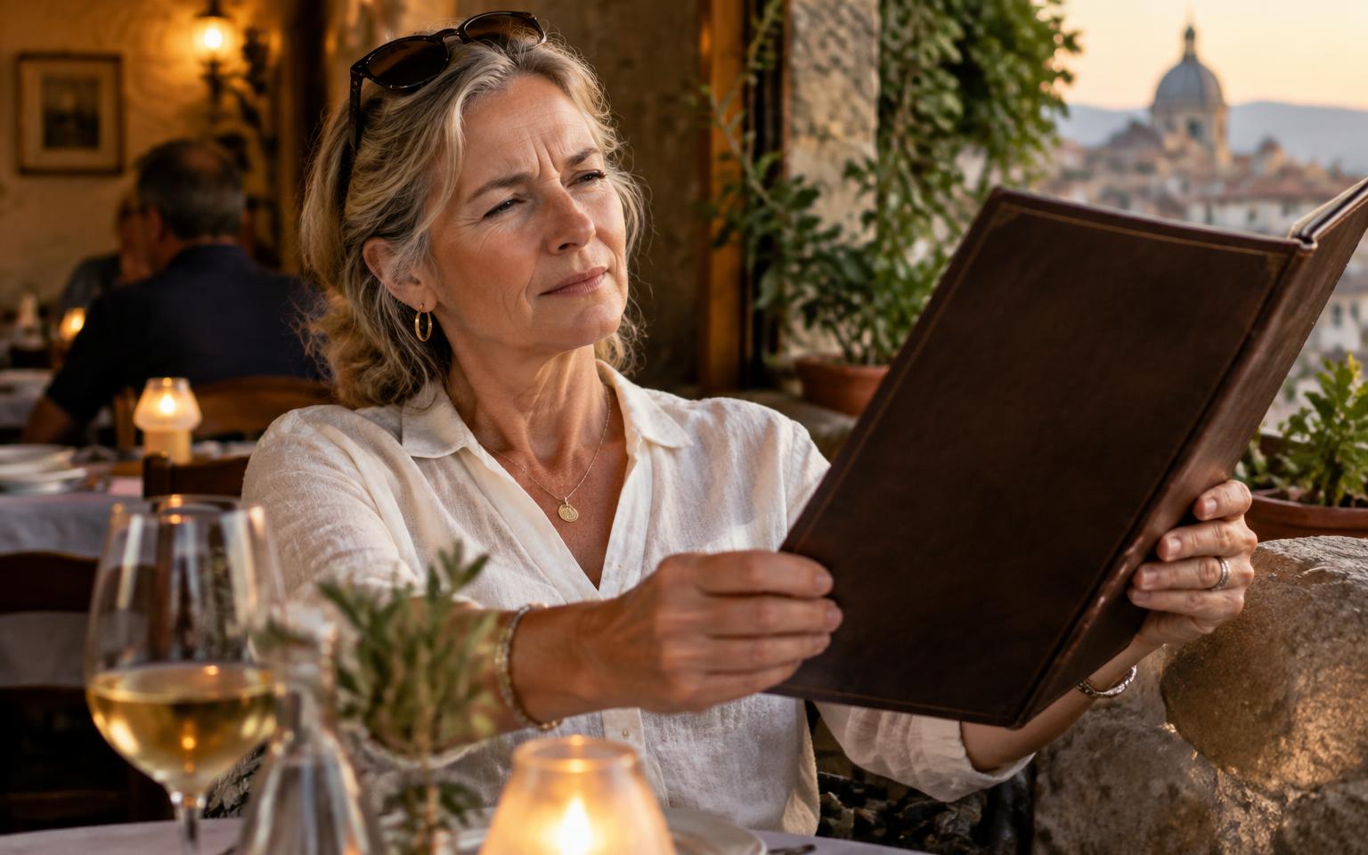 A woman holding a restaurant menu at arm's length